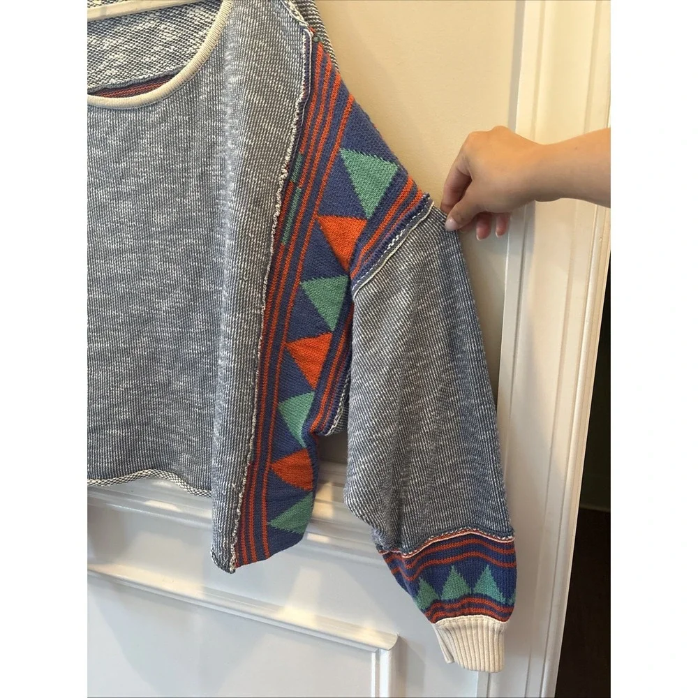 Free People Blue Medium, Bohemian, Oversized, Patchwork Sweater
